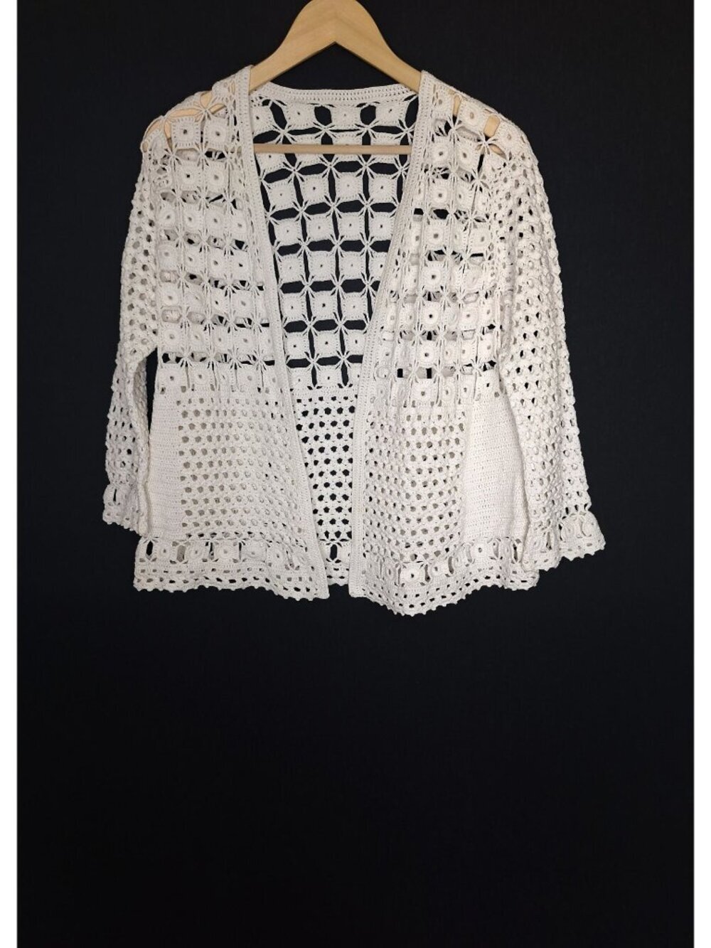 💙 Handmade White Crochet Open Front Cardigan Size M/L Sweater Boho Festival Cov